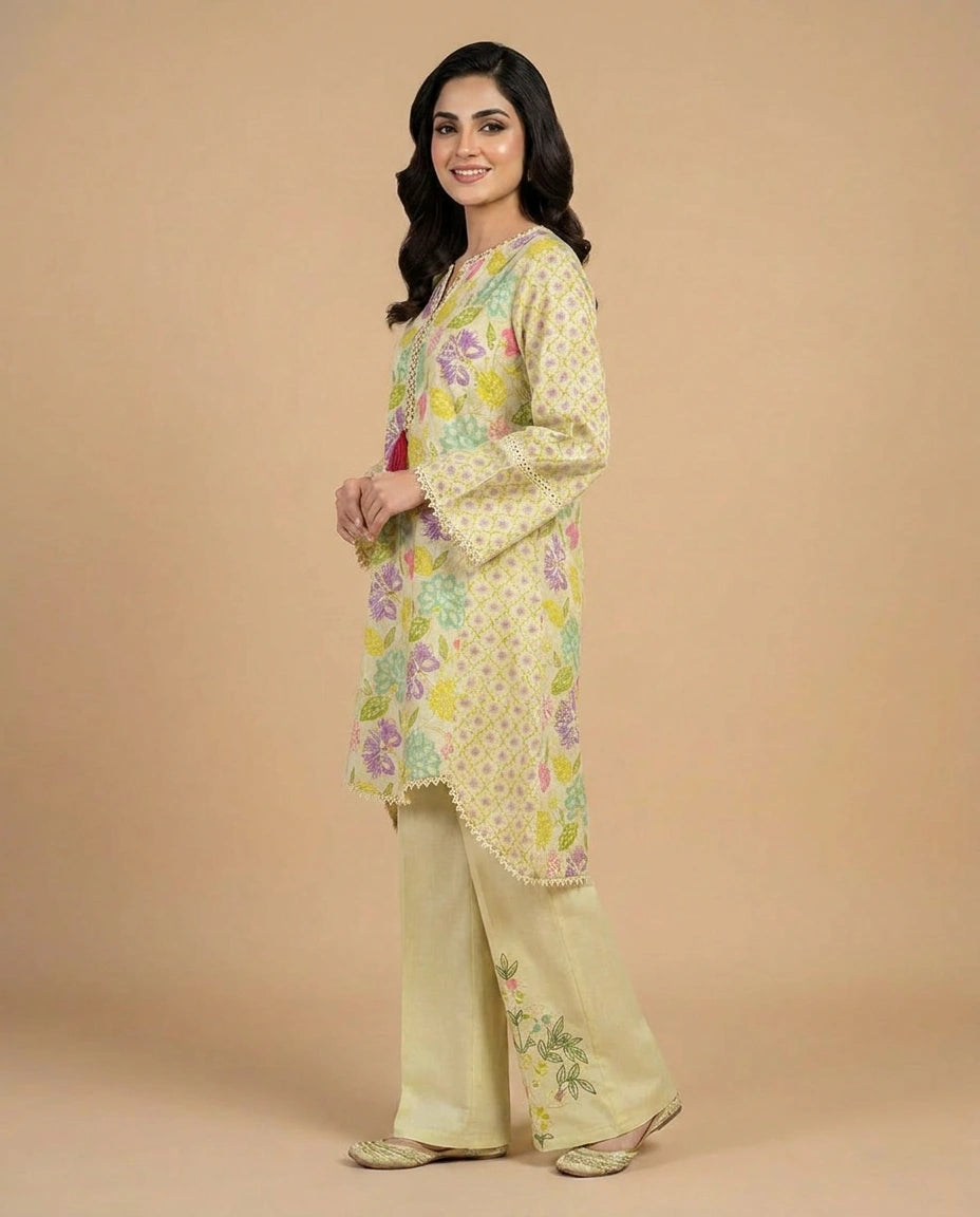 Lime Green Cotton Kurti Set with Floral Print - Rangoli India
