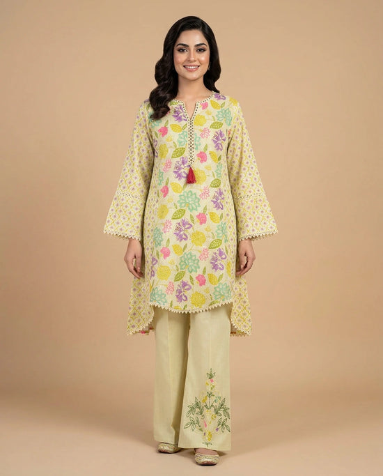 Lime Green Cotton Kurti Set with Floral Print - Rangoli India