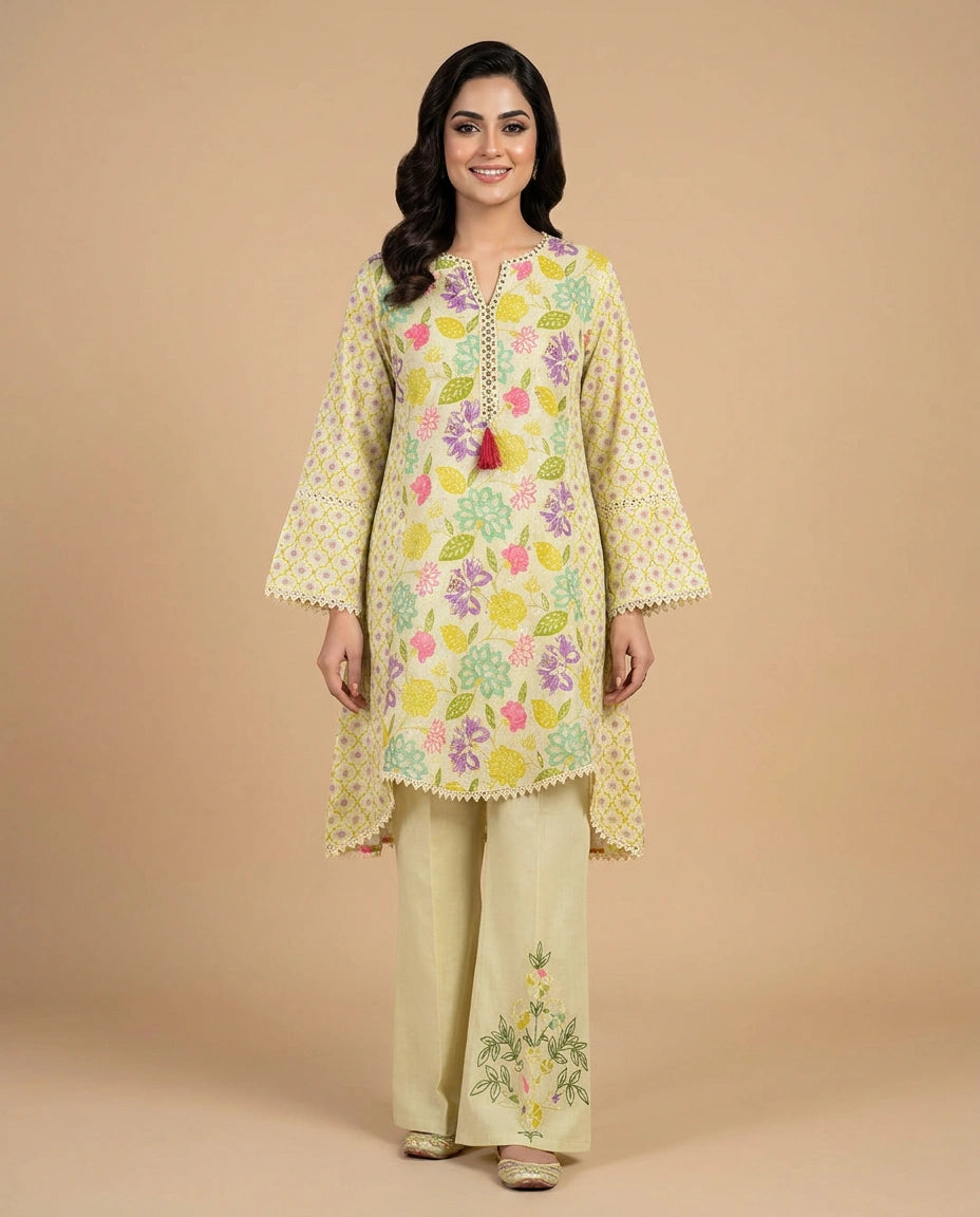 Lime Green Cotton Kurti Set with Floral Print - Rangoli India