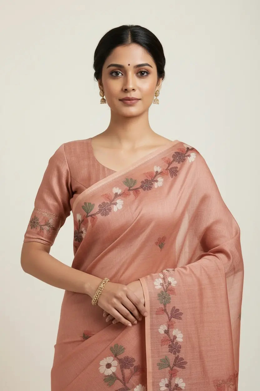Woman wearing a pink saree with floral patterns on a beige background