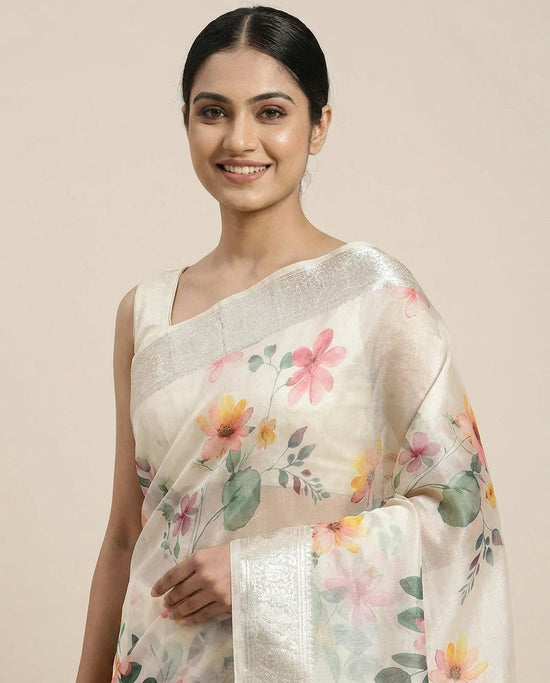 Off White Chiniya Silk Printed Saree with Floral Motifs - Rangoli India