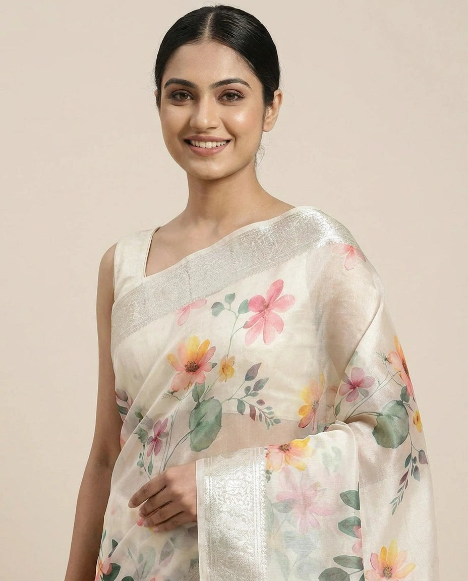 Off White Chiniya Silk Printed Saree with Floral Motifs - Rangoli India