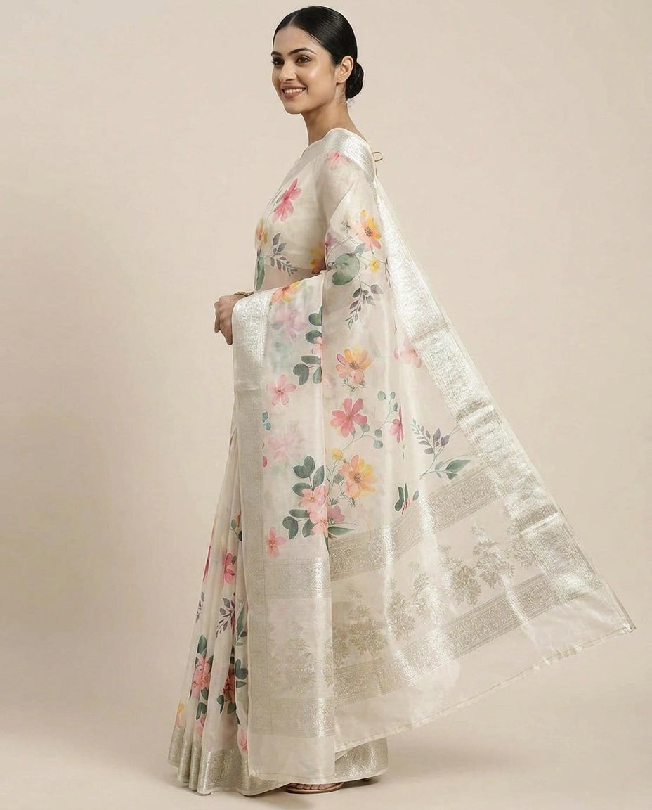 Off White Chiniya Silk Printed Saree with Floral Motifs - Rangoli India