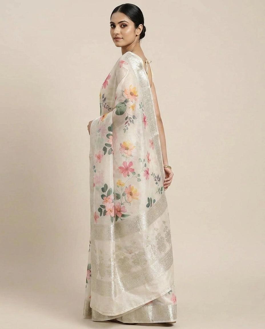 Off White Chiniya Silk Printed Saree with Floral Motifs - Rangoli India