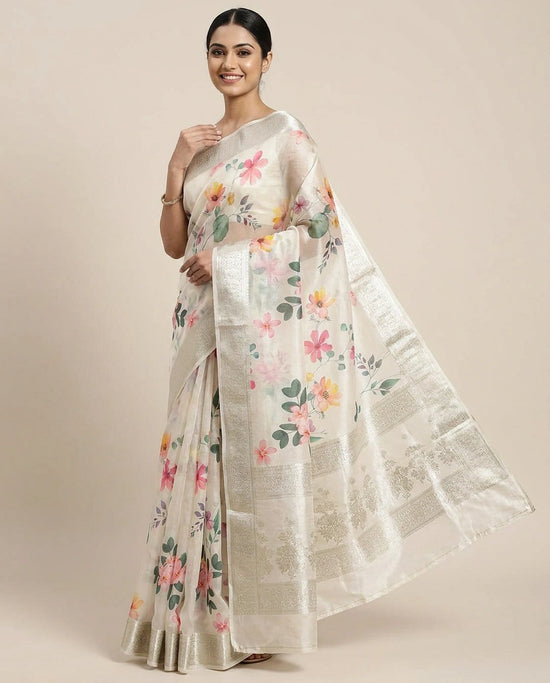 Off White Chiniya Silk Printed Saree with Floral Motifs - Rangoli India