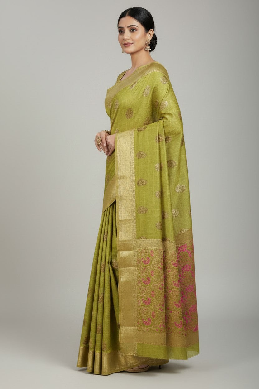Handcrafted Pure Cotton Banarasi Silk Saree - Green | Rangoli