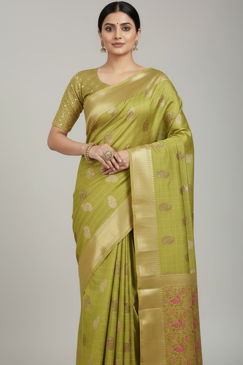 Handcrafted Pure Cotton Banarasi Silk Saree - Yellow | Rangoli
