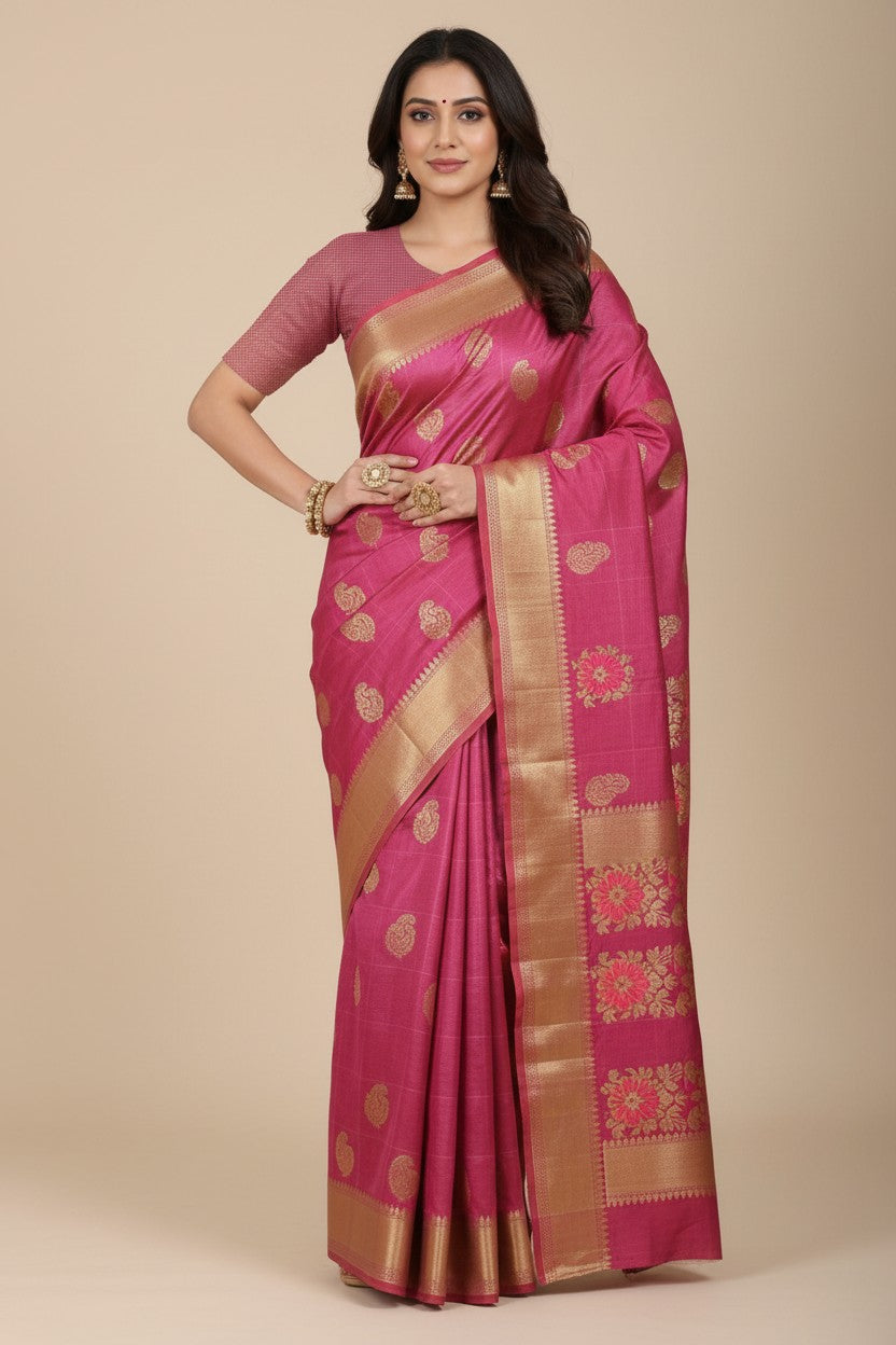 Handcrafted Pure Cotton Banarasi Silk Saree - Firozi Blue | Rangoli