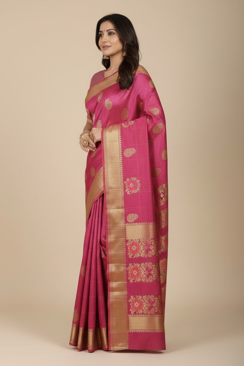 Handcrafted Pure Cotton Banarasi Silk Saree - Pink | Rangoli
