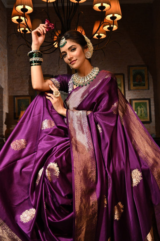 Regal Purple Mashru Silk Saree with Gold Zari Work