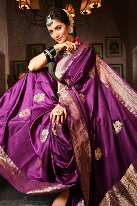Regal Purple Mashru Silk Saree with Gold Zari Work