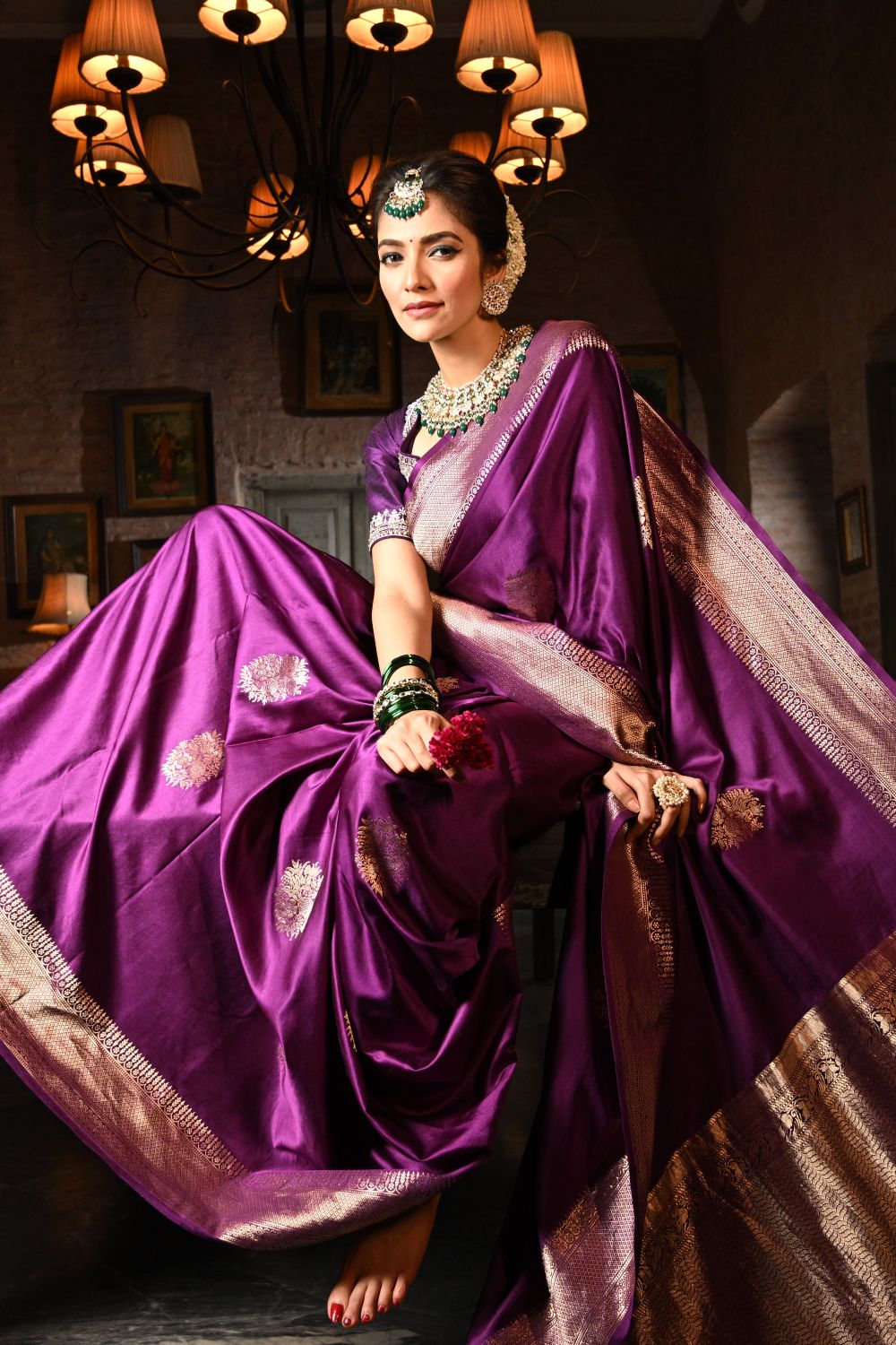 Regal Purple Mashru Silk Saree with Gold Zari Work