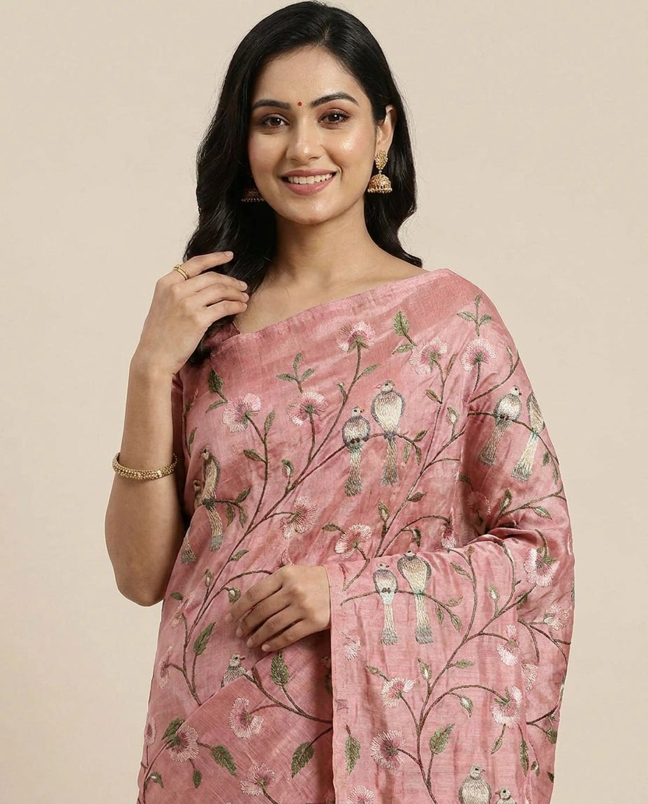 Tussar Silk Saree with Embroidered Floral Vines - Rangoli India