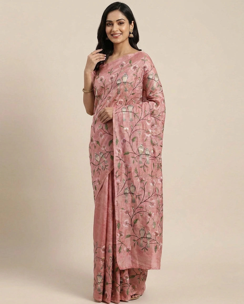 Tussar Silk Saree with Embroidered Floral Vines - Rangoli India
