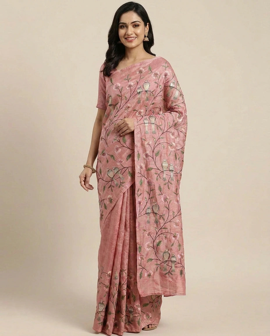 Tussar Silk Saree with Embroidered Floral Vines - Rangoli India