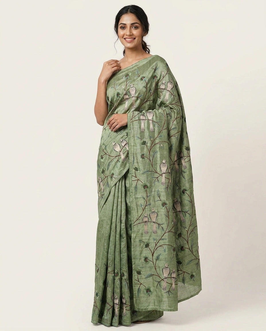 Tussar Silk Saree with Embroidered Floral Vines - Rangoli India