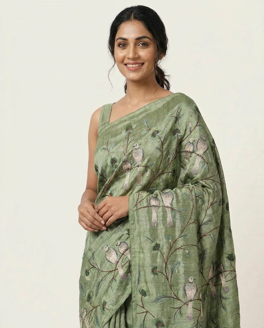 Tussar Silk Saree with Embroidered Floral Vines - Rangoli India