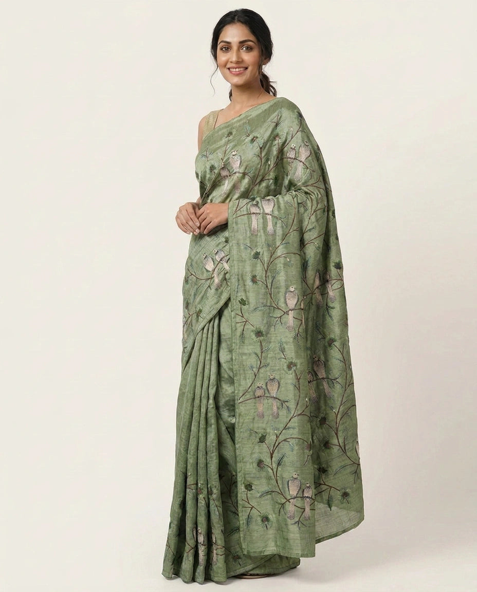 Tussar Silk Saree with Embroidered Floral Vines - Rangoli India