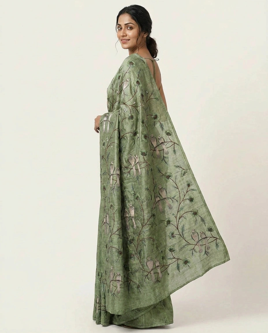 Tussar Silk Saree with Embroidered Floral Vines - Rangoli India