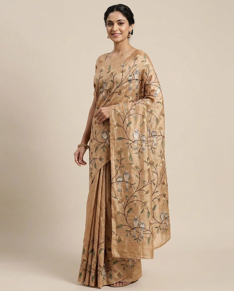 Tussar Silk Saree with Embroidered Floral Vines - Rangoli India