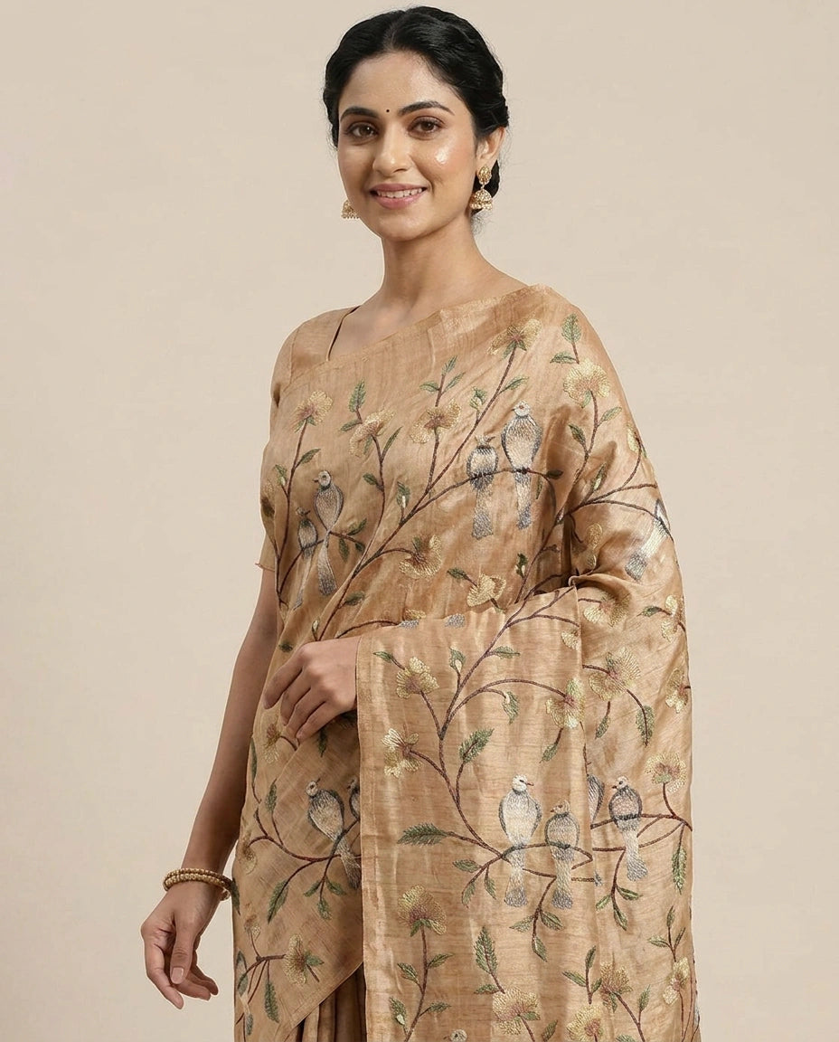 Tussar Silk Saree with Embroidered Floral Vines - Rangoli India
