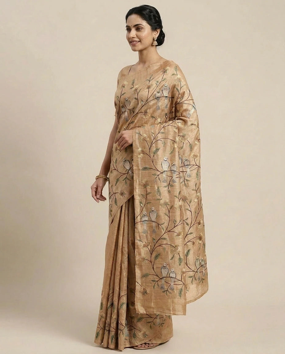 Tussar Silk Saree with Embroidered Floral Vines - Rangoli India