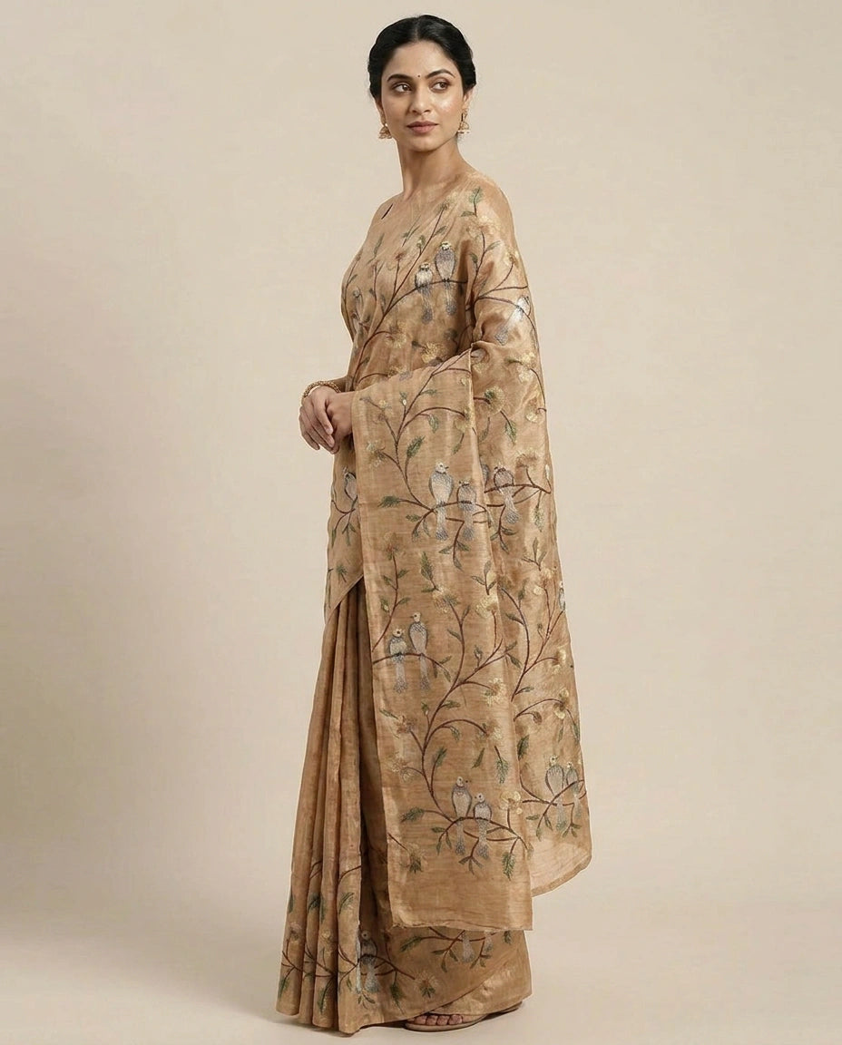 Tussar Silk Saree with Embroidered Floral Vines - Rangoli India