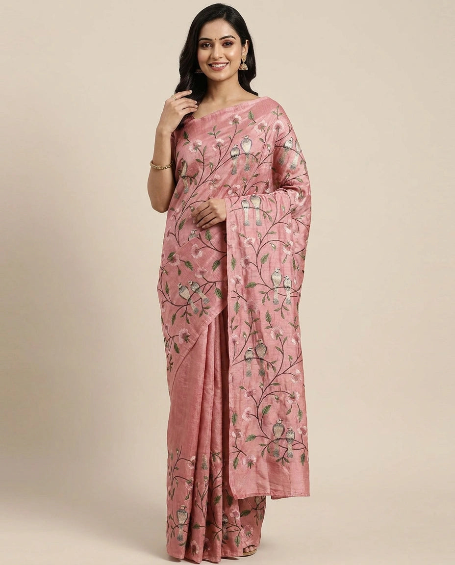 Tussar Silk Saree with Embroidered Floral Vines - Rangoli India