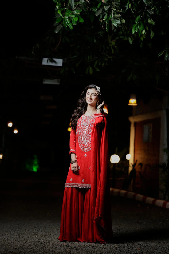 Red Chinon Sharara Suit