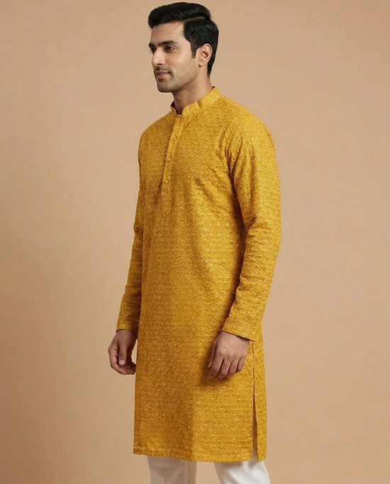 Georgette Long Kurta for Men with Side Slit and Hem Detail view 2