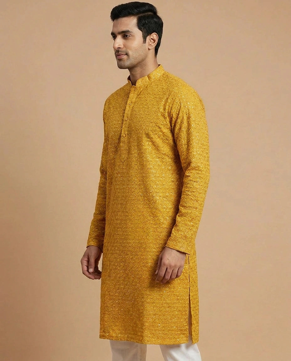 Georgette Long Kurta for Men with Side Slit and Hem Detail view 2