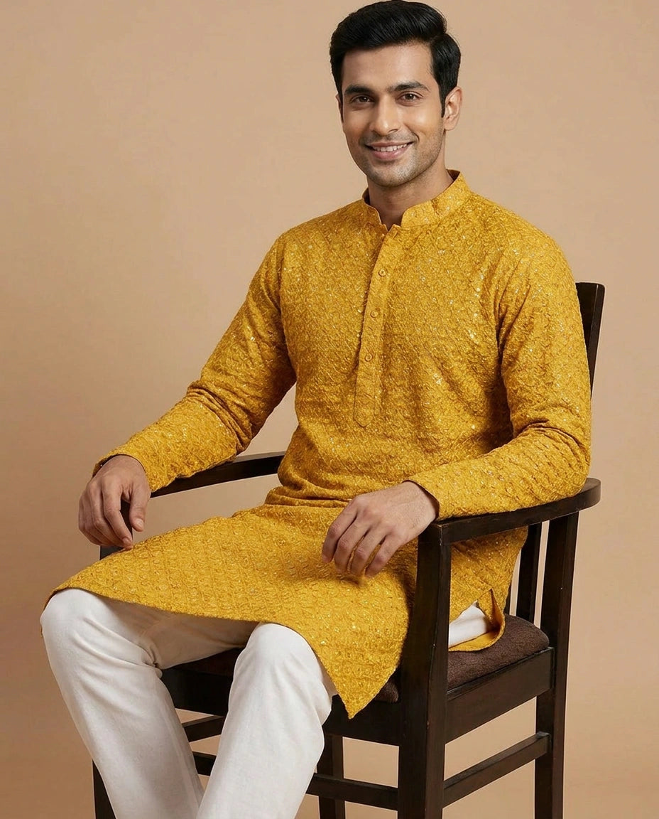 Georgette Long Kurta for Men with Side Slit and Hem Detail view 3