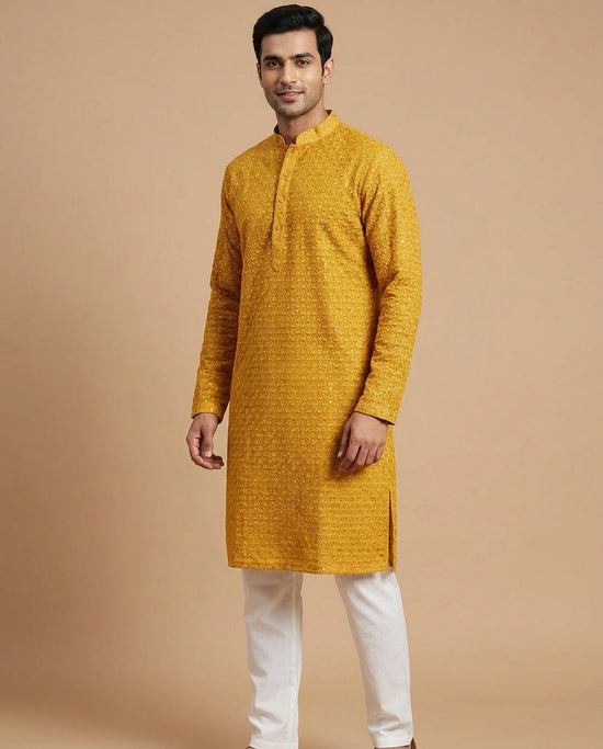 Mustard Georgette Kurta Set with Side Slit