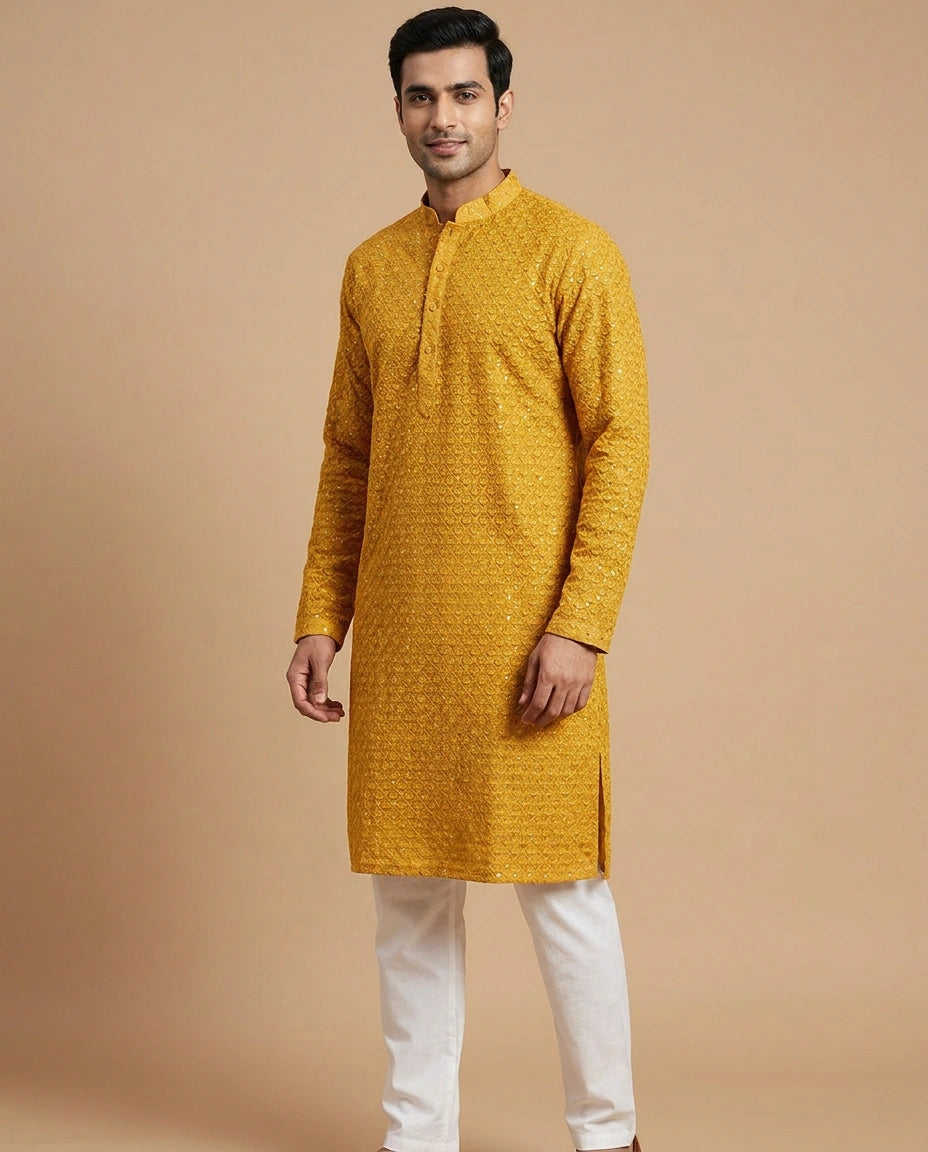 Maroon Georgette Long Kurta for Men with Side Slit and Hem Detail