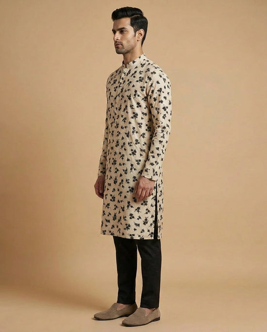 Off White Russian Silk Kurta for Festive and Puja Wear