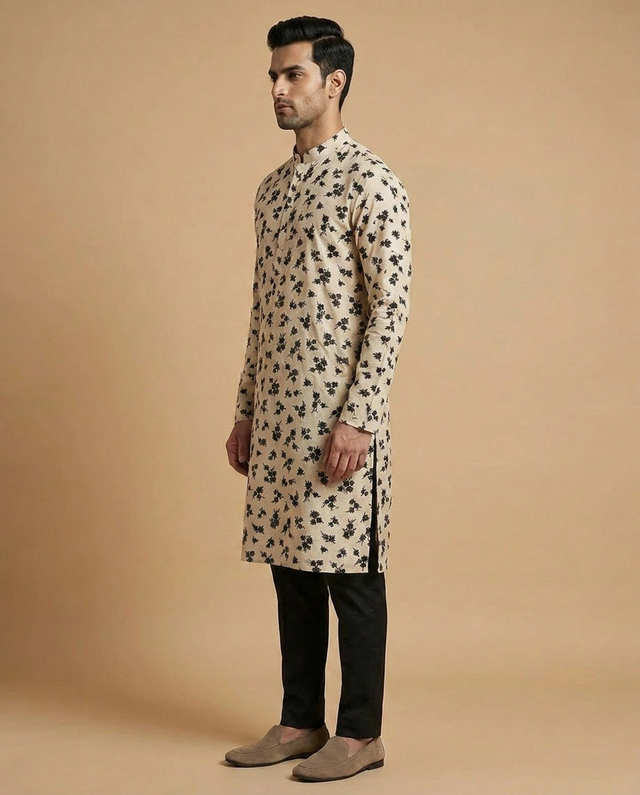 Off White Russian Silk Kurta for Festive and Puja Wear