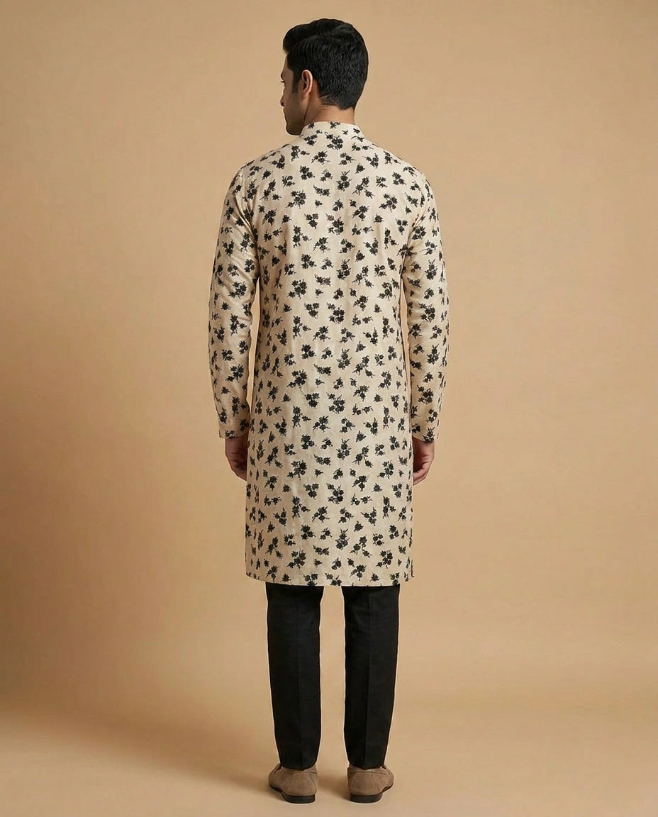Off White Russian Silk Kurta for Festive and Puja Wear