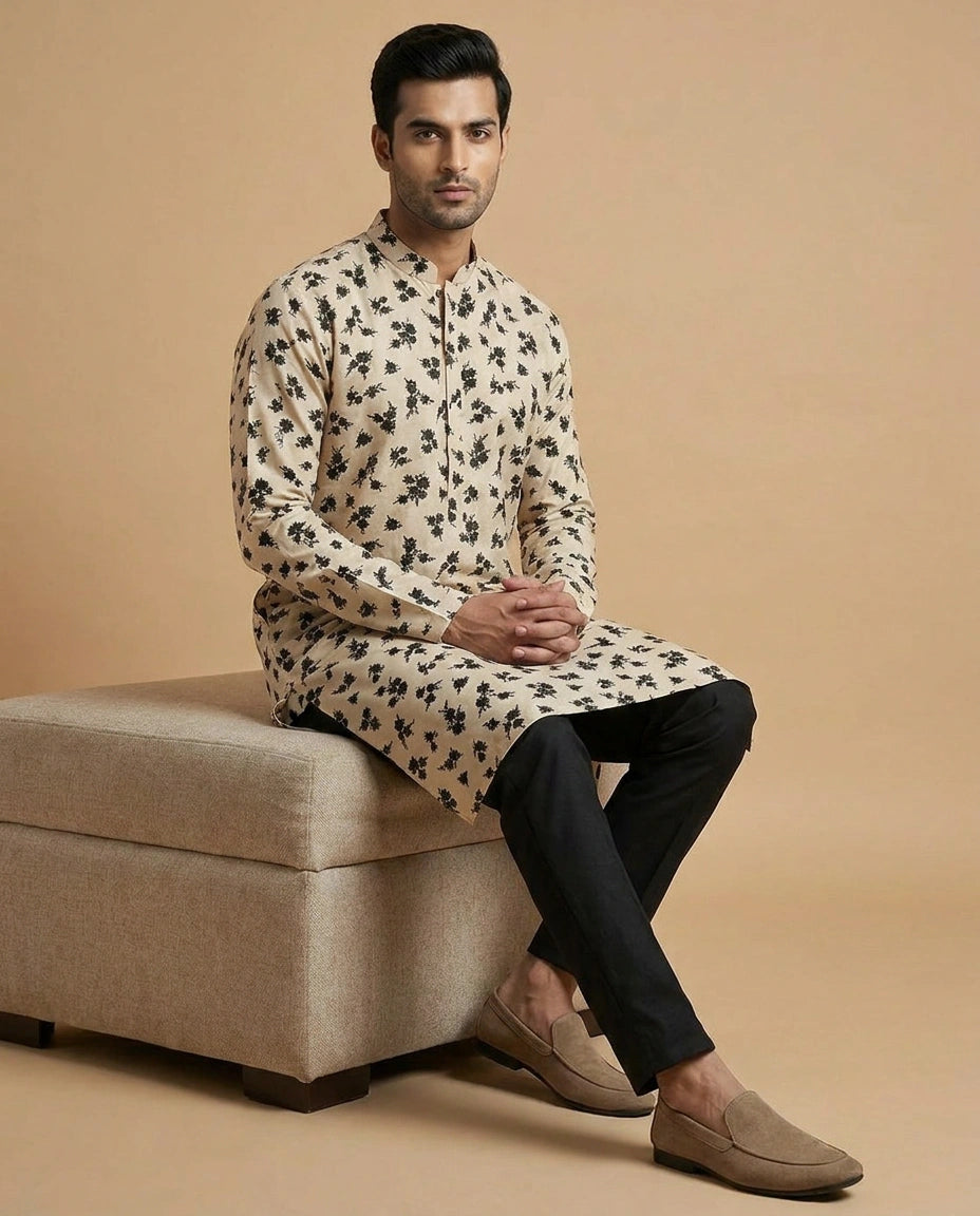 Off White Russian Silk Kurta for Festive and Puja Wear