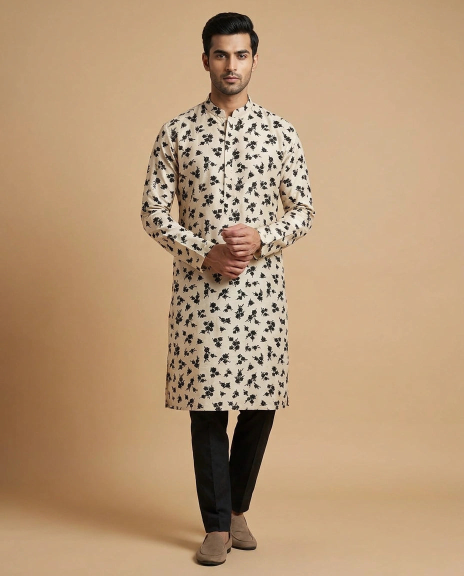 Off White Russian Silk Kurta for Festive and Puja Wear