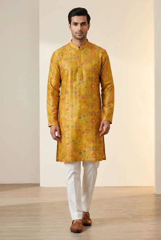 Mustard Russian silk Kurta with Russian Silk Weave for Sangeet Day