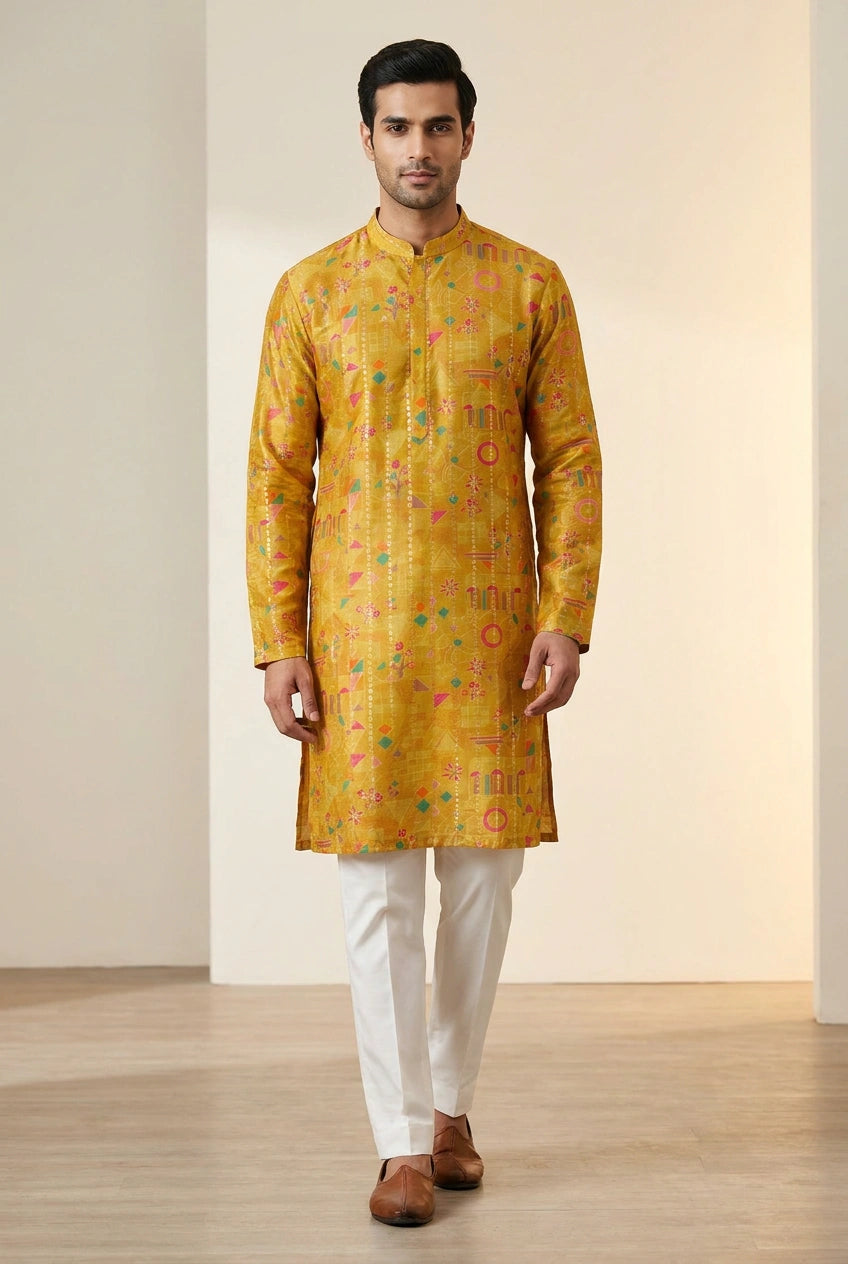 Mustard Russian silk Kurta with Russian Silk Weave for Sangeet Day