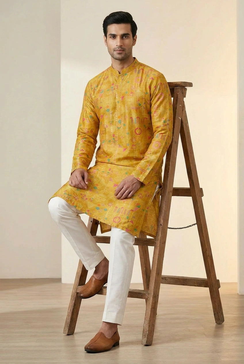 Mustard Russian silk Kurta with Russian Silk Weave for Sangeet Day