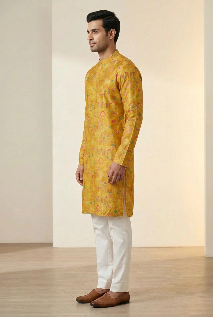 Mustard Russian silk Kurta with Russian Silk Weave for Sangeet Day