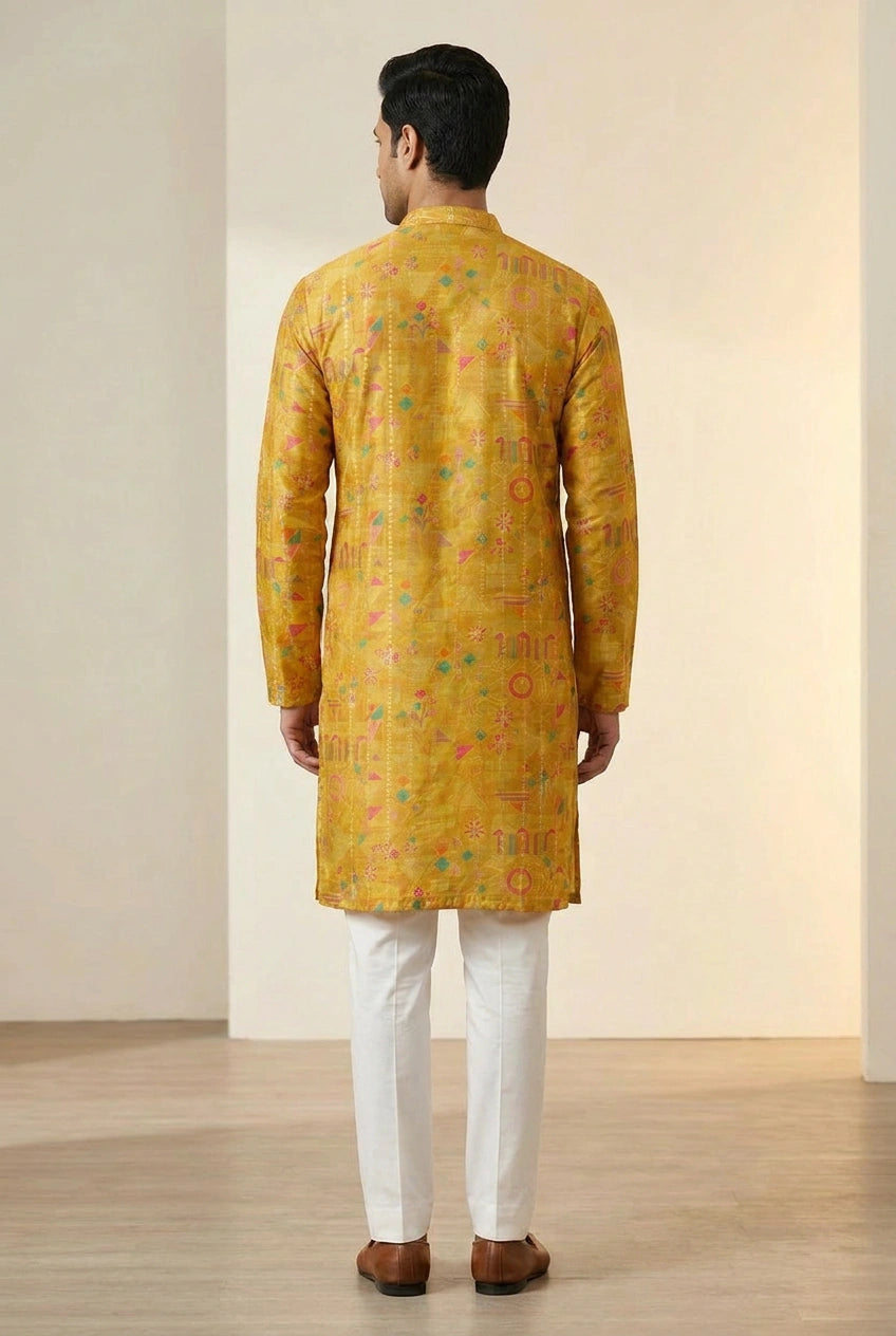 Mustard Russian silk Kurta with Russian Silk Weave for Sangeet Day
