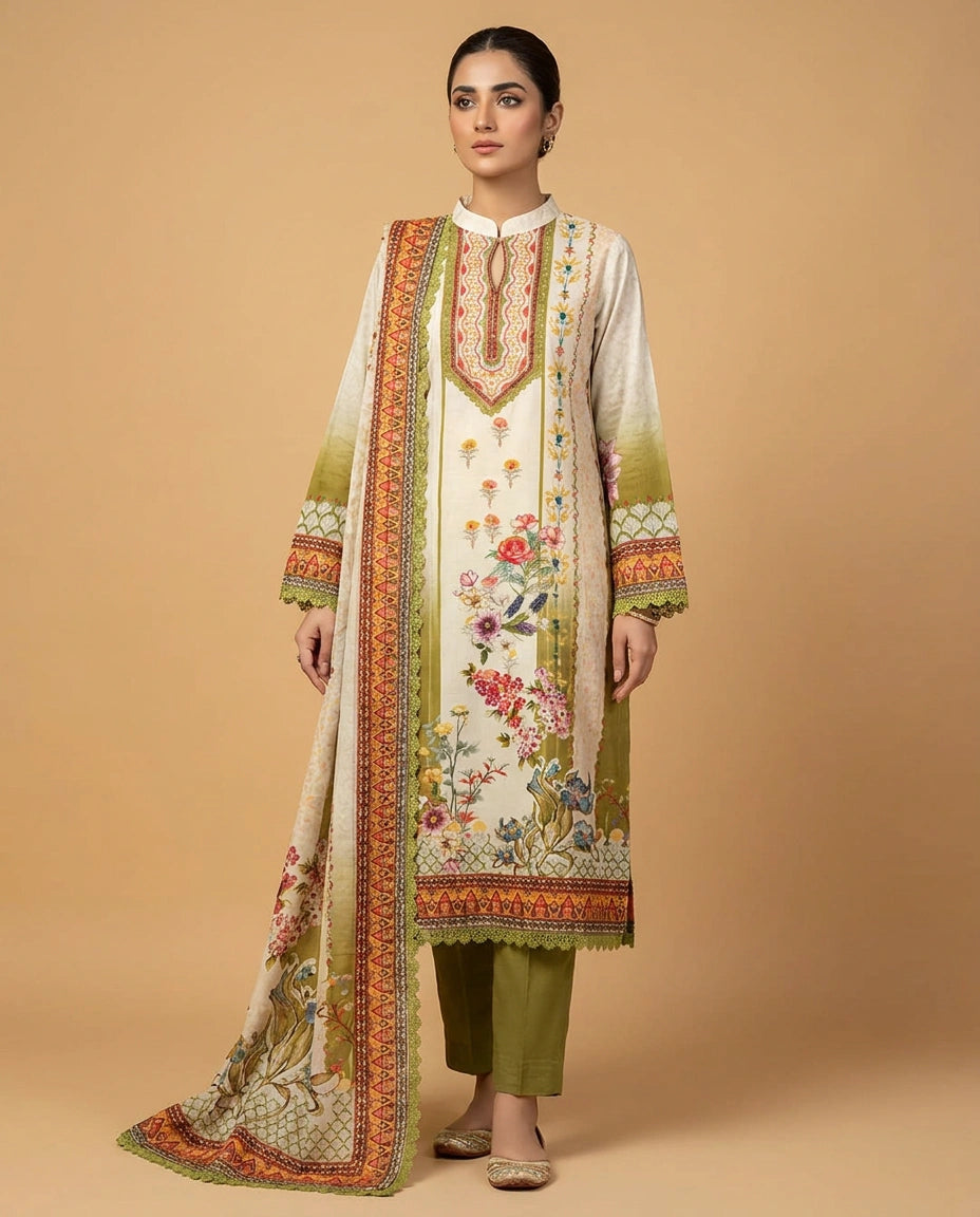 Off White/Green Chinon A-Line Salwar Suit with Matching Dupatta for Women