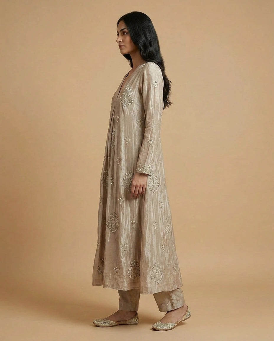 Chinon Silk Anarkali Suit with Floral Thread Work Online India - Rangoli India