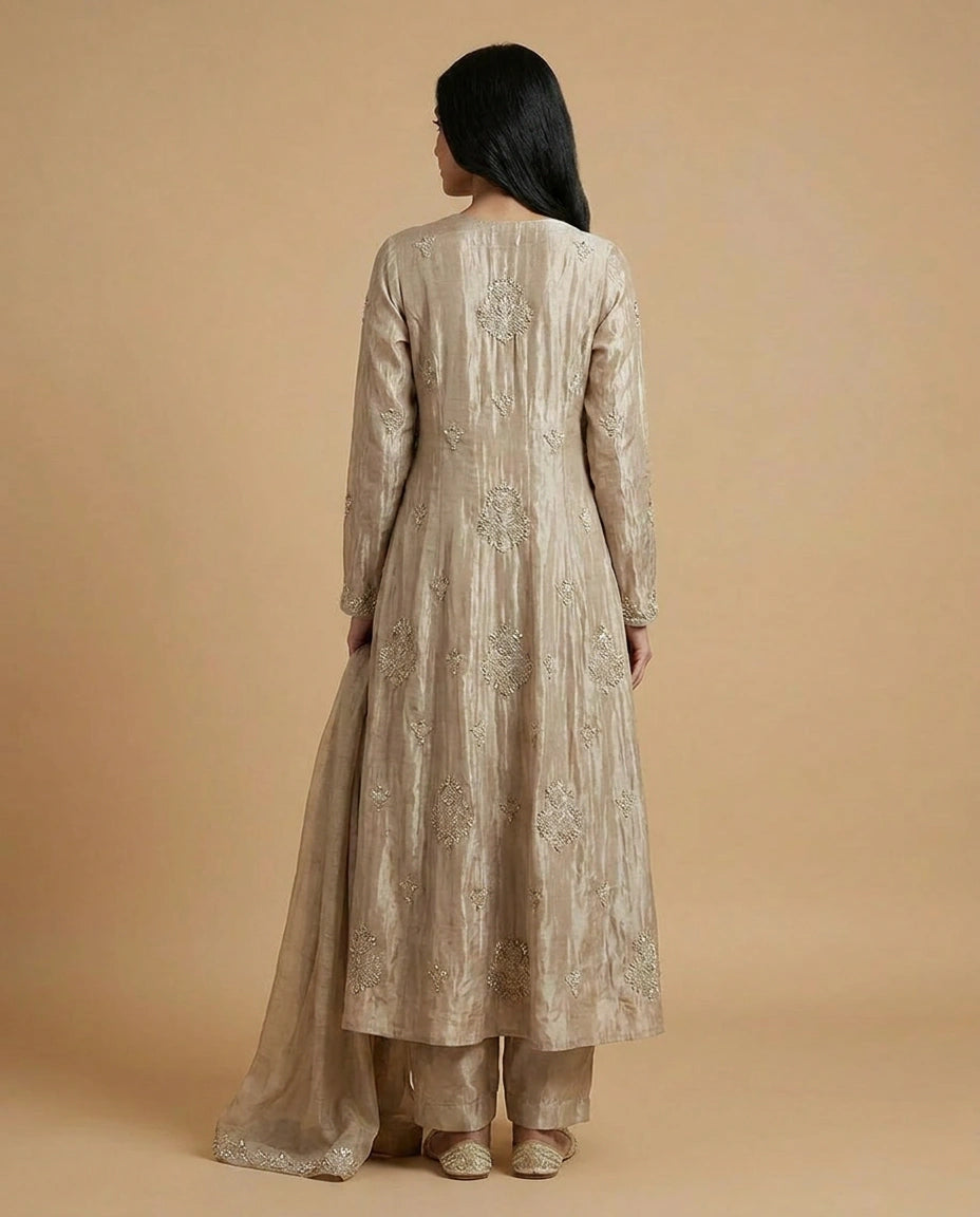 Chinon Silk Anarkali Suit with Floral Thread Work Online India - Rangoli India