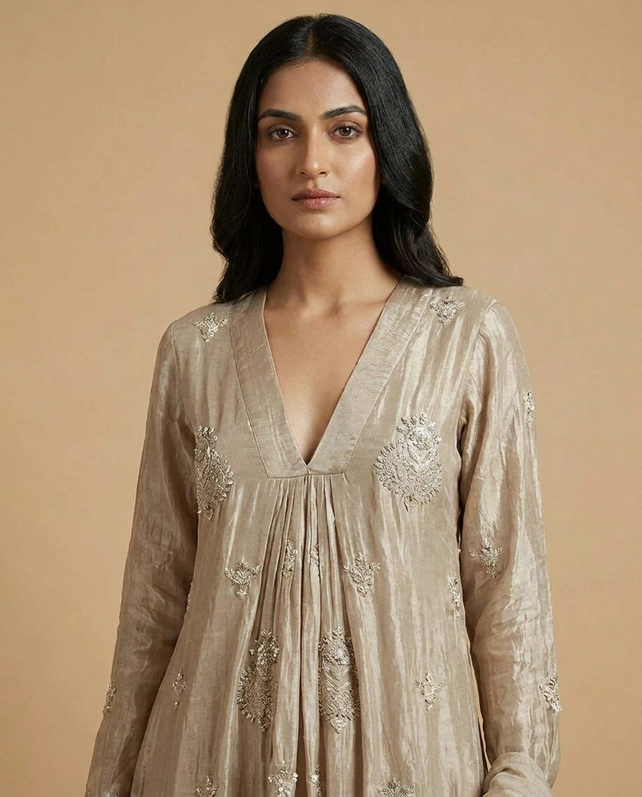 Chinon Silk Anarkali Suit with Floral Thread Work Online India - Rangoli India
