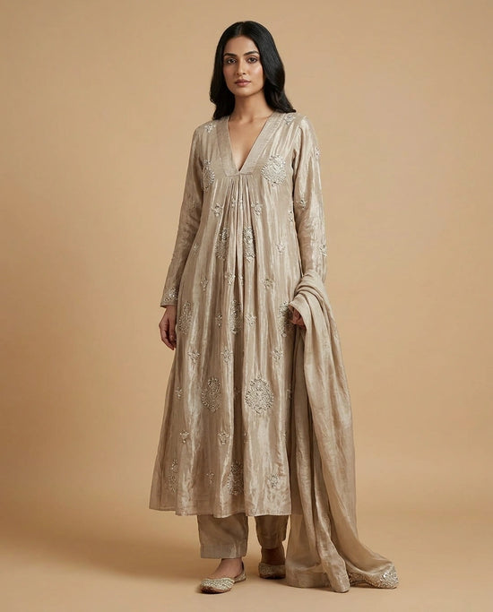 Chinon Silk Anarkali Suit with Floral Thread Work Online India - Rangoli India