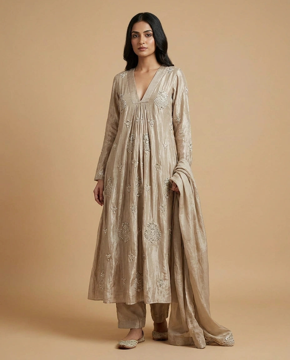 Chinon Silk Anarkali Suit with Floral Thread Work Online India - Rangoli India